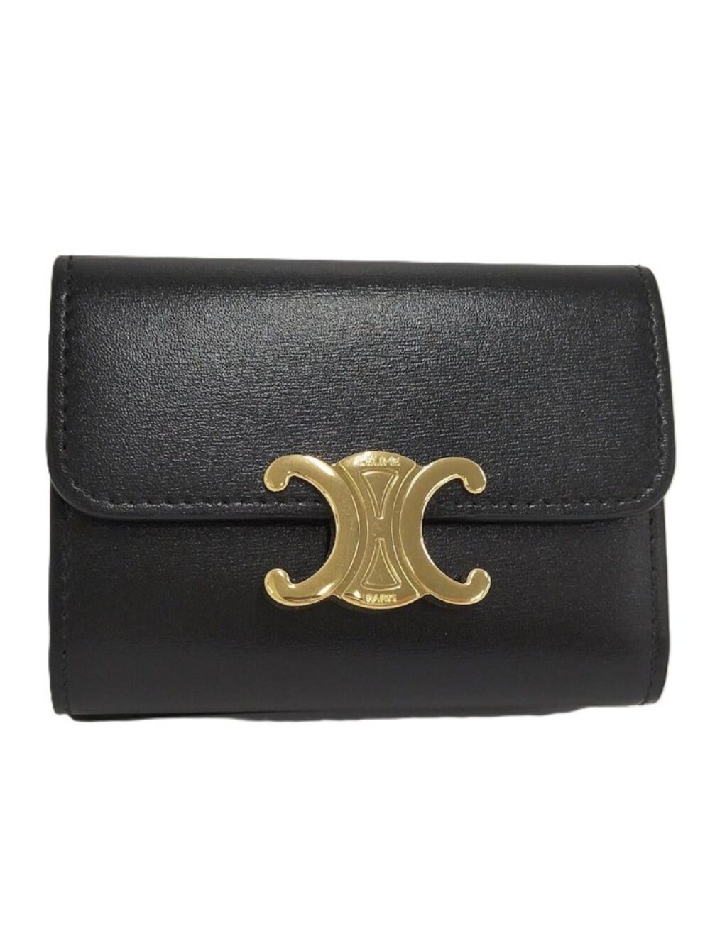 Celine Triomphe Compact Wallet with Coin Purse Shiny Calfskin Black